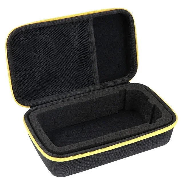 Black hard-shell carrying case with yellow