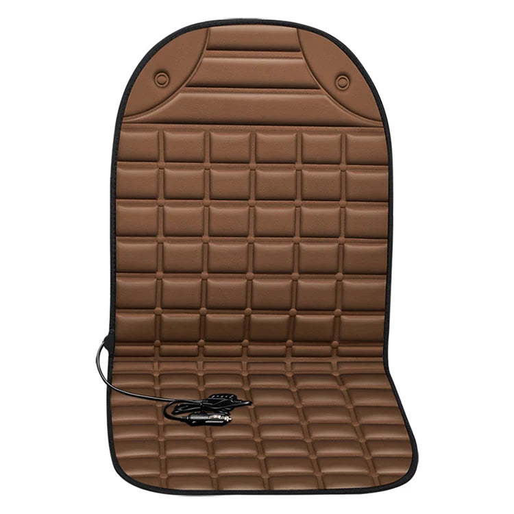 Brown quilted car seat cover with a power cord on a white background