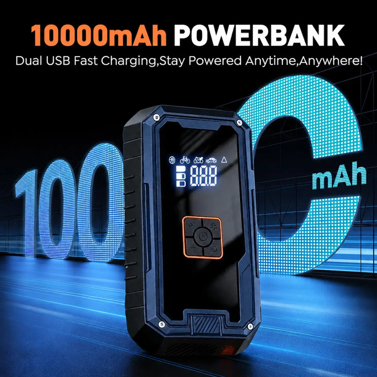 10000mAh power bank with digital display on a dark background