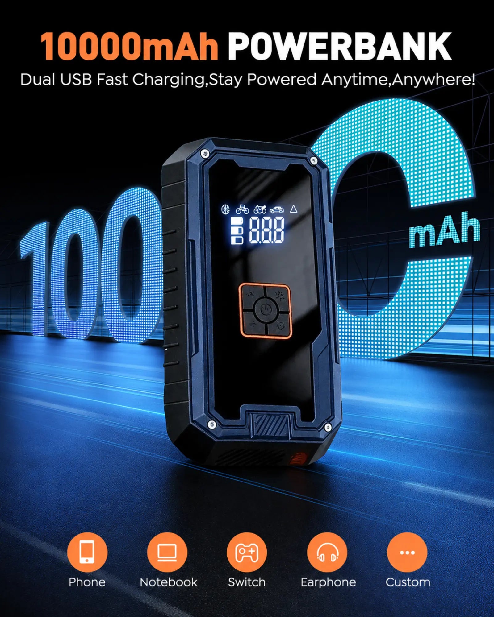 10000mAh power bank with digital display on a dark background