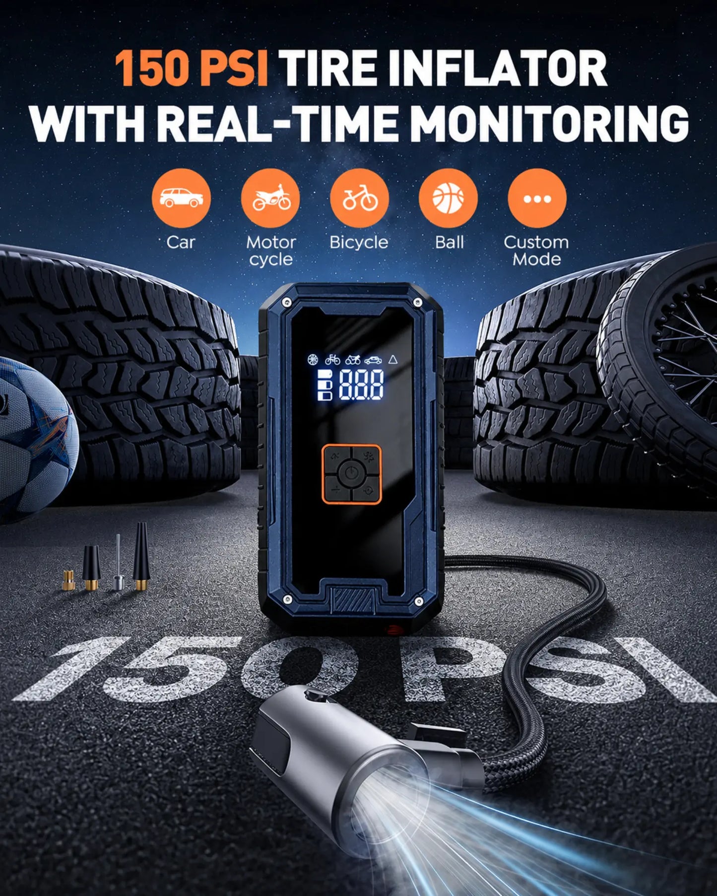 150 PSI tire inflator with real-time monitoring features on a dark background with tires and a ball.