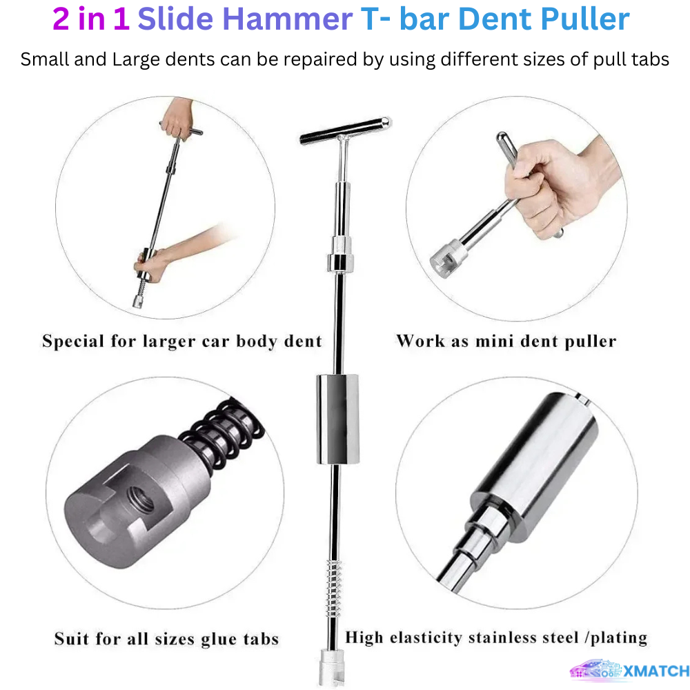 2-in-1 Slide Hammer T-bar Dent Puller with features and usage instructions 