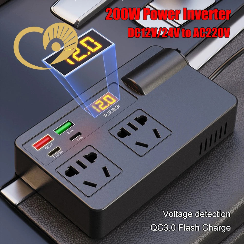 200W power inverter with digital display and multiple ports on a dark background