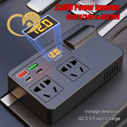 200W power inverter with digital display and multiple ports on a dark background