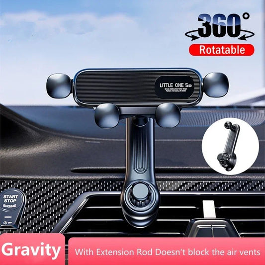 360-degree rotatable car phone holder with extension rod on a car dashboard