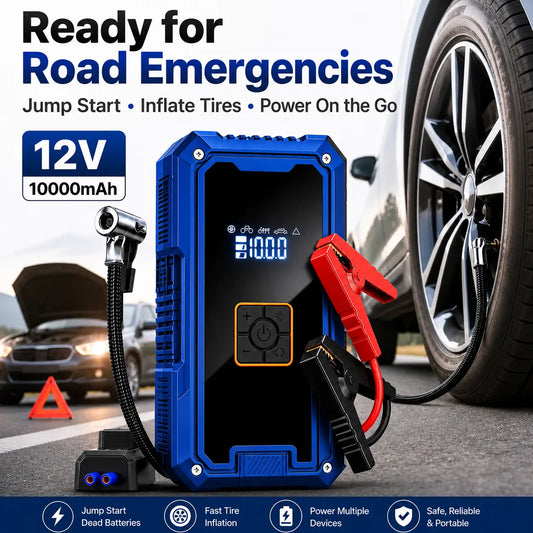 Stranded on the road?
4-in-1 Portable Jump Starter:
โข Jump-start your car
โข Inflate tires
โข Charge devices
โข Light the way