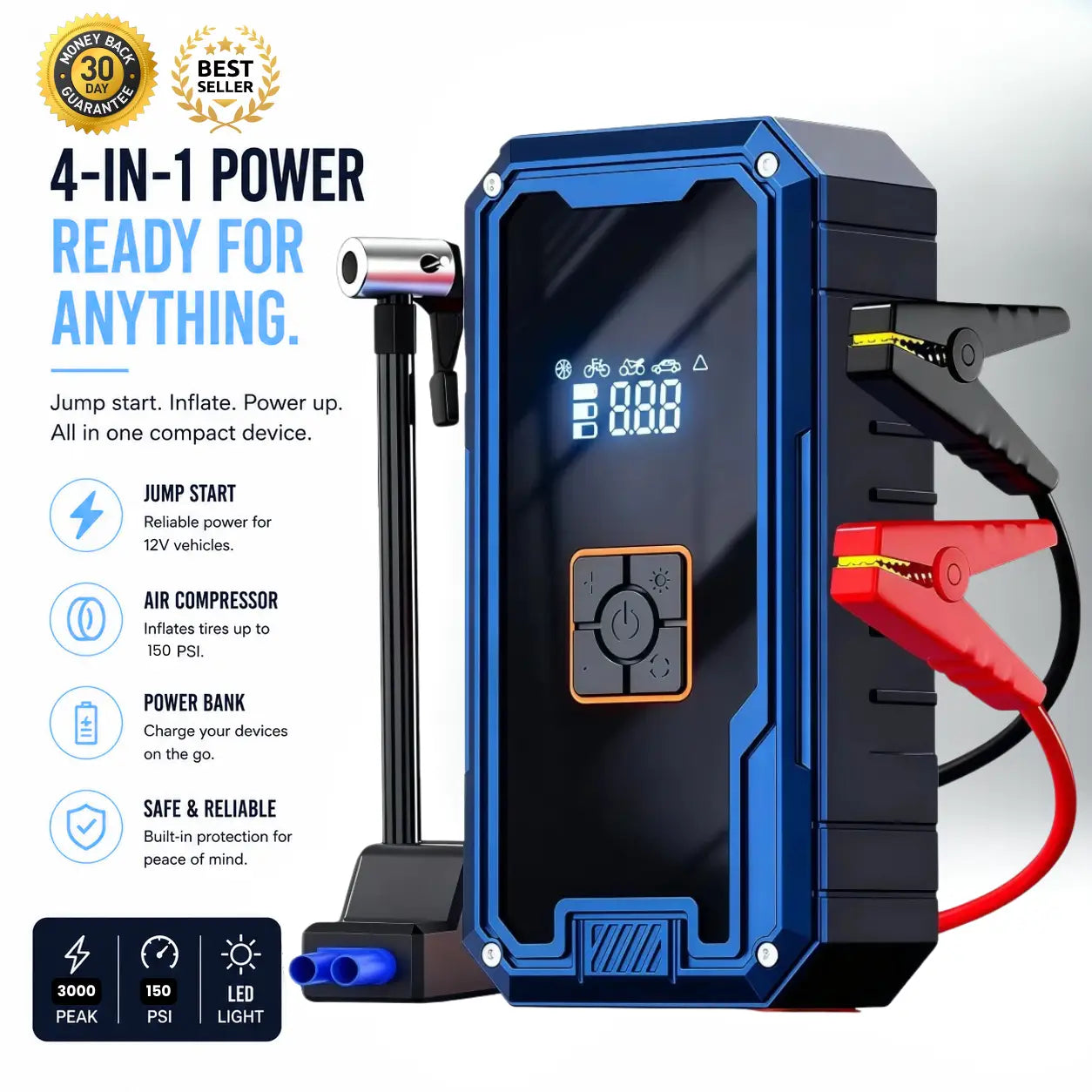 4-in-1 power tool with jump starter, air compressor, and power bank functions on a white background.