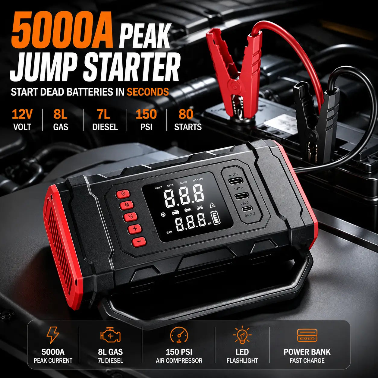 A black and red portable jump starter device with a digital display screen, shown with red and black jumper clamps connected to a car battery. The image features various specifications and feature icons overlaid on the product.