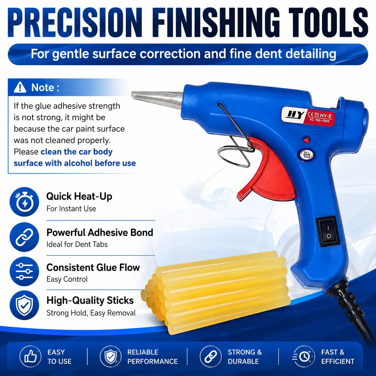 A blue and red hot glue gun shown on a promotional graphic with text callouts about precision finishing tools, adhesive strength notes, quick heat-up, powerful adhesive bond, consistent glue flow, and high-quality sticks. A yellow wax melt is also pictured at the bottom.