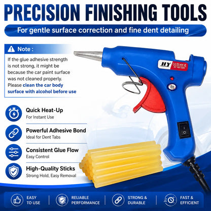 A blue and red hot glue gun shown on a promotional graphic with text callouts about precision finishing tools, adhesive strength notes, quick heat-up, powerful adhesive bond, consistent glue flow, and high-quality sticks. A yellow wax melt is also pictured at the bottom.
