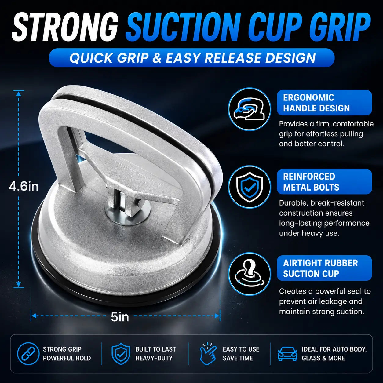 A metal suction cup with a transparent rubber base, shown on a dark blue graphic background with text highlighting features such as ergonomic handle design, reinforced metal bolts, and airtight rubber suction cup performance.