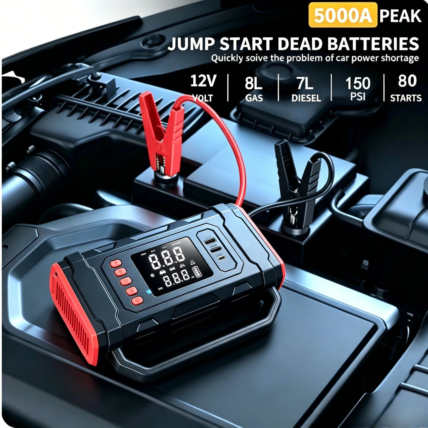 A portable 12V jump starter dead battery charger with red and black clamps, shown in a car engine bay. The device has a digital display and red side accents.