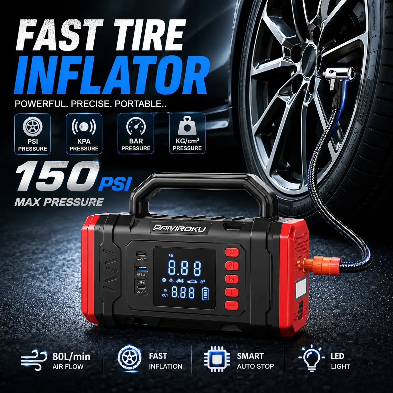 A portable 150 PSI tire inflator shown in front of a car wheel with the hose connected. The product is black with red side accents and a digital display screen.