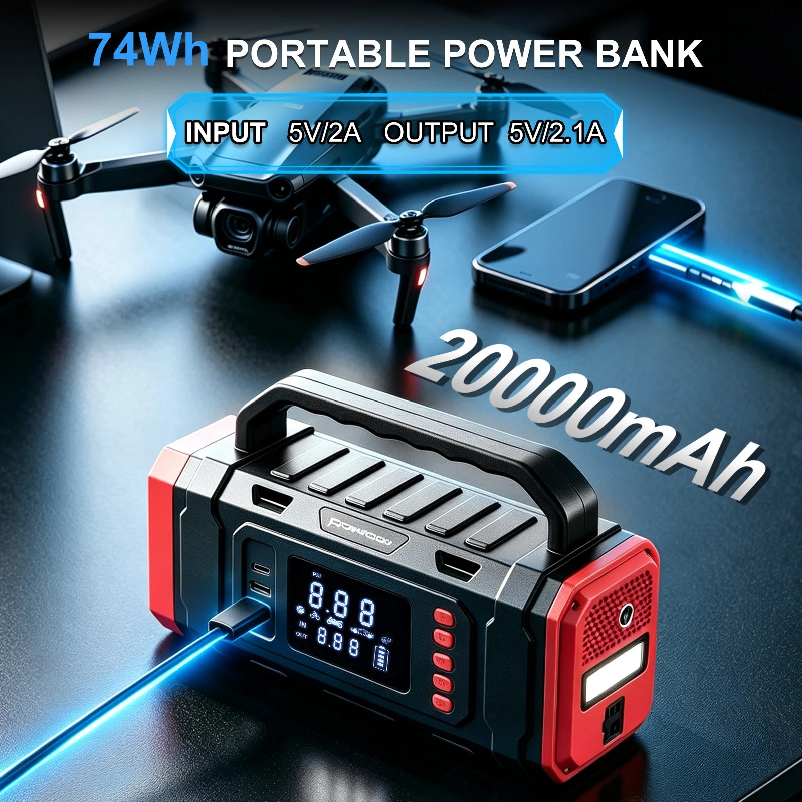 A portable power bank with a digital display screen, red and black body, and a carry handle, shown on a dark reflective surface with a drone, smartphone, and blue light effects. Text overlays read '74Wh PORTABLE POWER BANK', 'INPUT 5V/2A OUTPUT 5V/2.