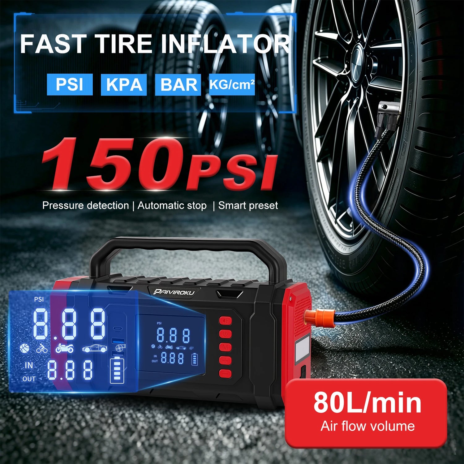 A portable tire inflator shown with a connected hose attached to a car wheel, with large marketing text inc    luding 'FAST TIRE INFLATOR', '150PSI', '80L/min Air flow volume', and pressure unit labels. The product itself is black with red side accents and a blue illuminated display.