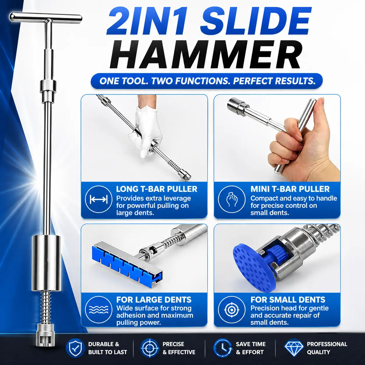 A promotional graphic for a 2-in-1 slide hammer tool, showing the metallic T-bar handle on the left and four inset panels demonstrating use for large and small dents, with text describing features and benefits.