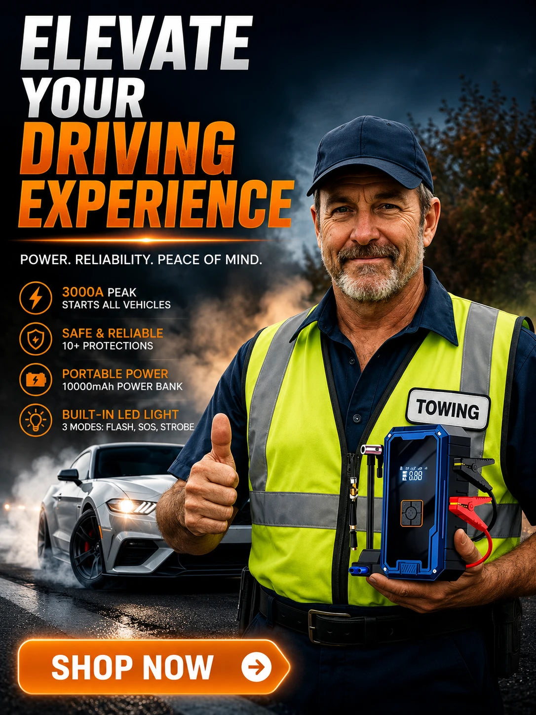 A promotional lifestyle image for a towing device. A smiling man in a high-visibility safety vest and cap holds a blue and black towing tool with red and black clamps.