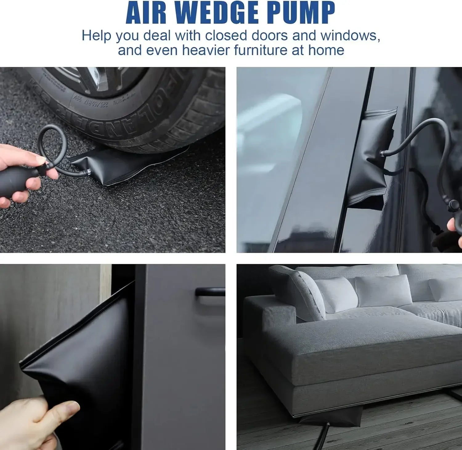 Air wedge pump being used to open a car door and lift a sofa.