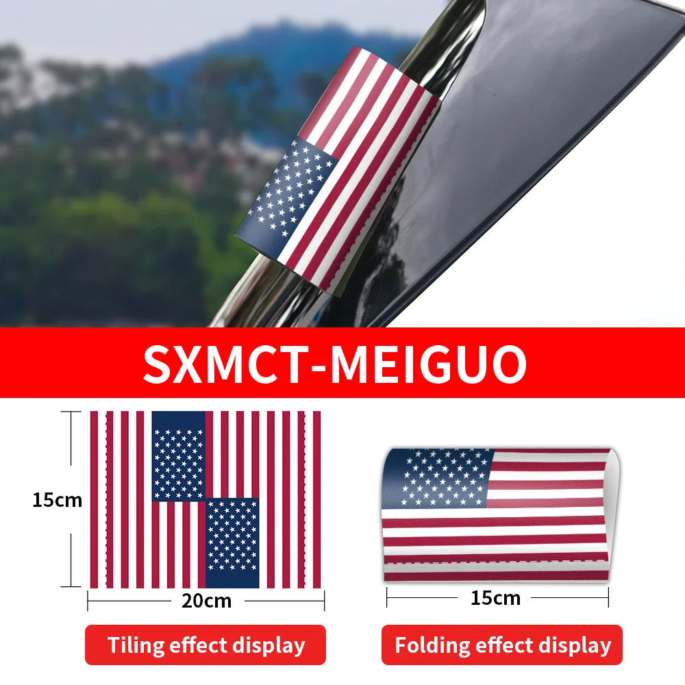 American flag car emblem with measurements and brand name displayed