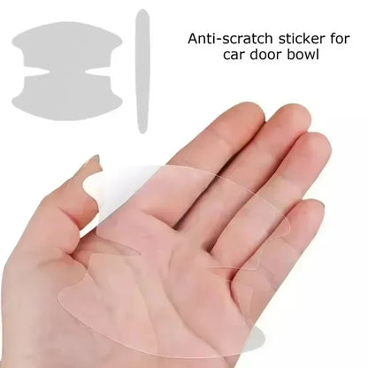 Anti-scratch sticker for car door bowl held between fingers with packaging illustration.