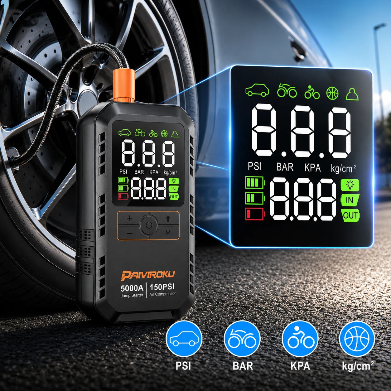 Autoxmatch Paiviroku 5000A 4-in-1 Car Jump Starter with Air Compressor