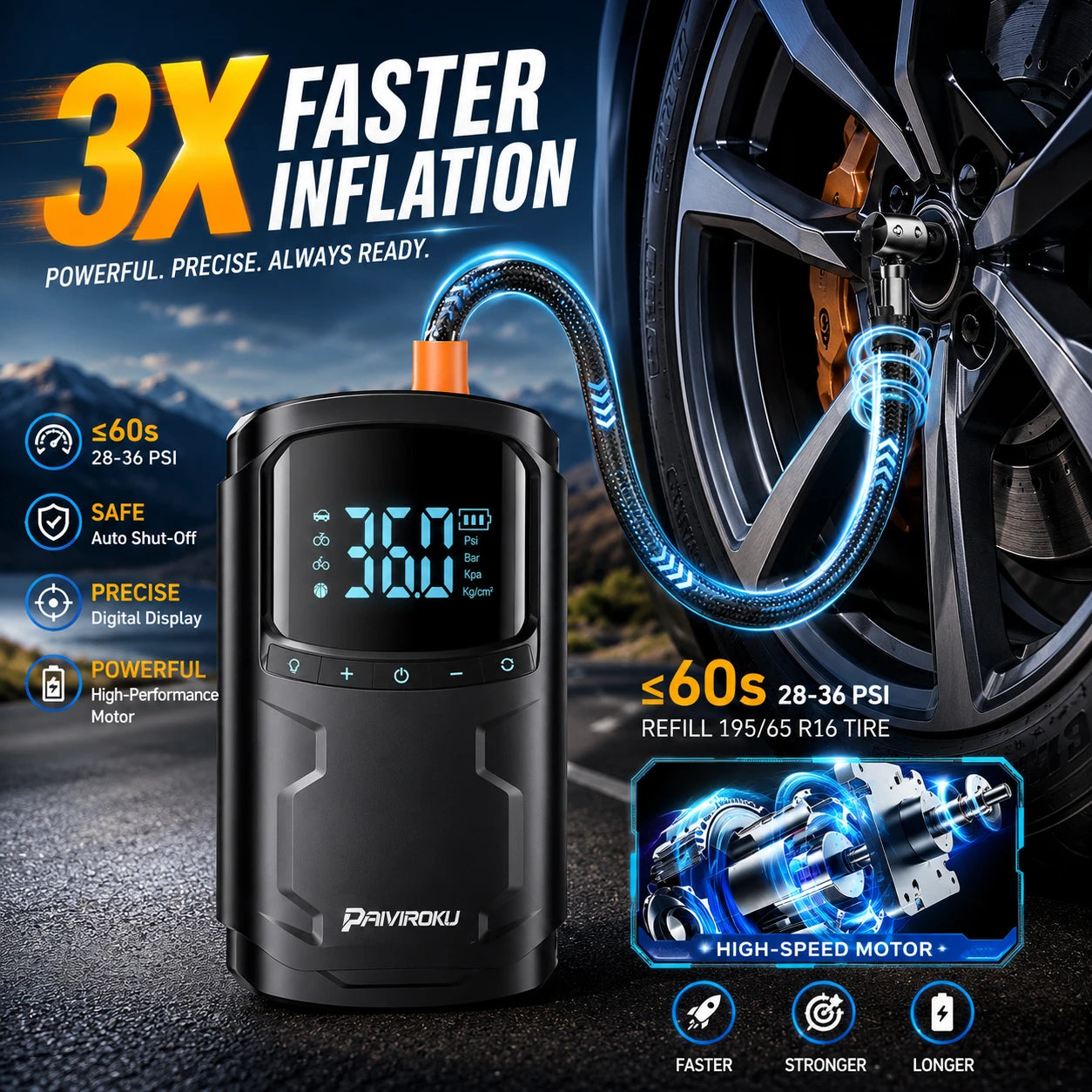 A black portable tire inflator with a digital display showing 36.0 PSI, connected to a blue illustrated hose over a car wheel.