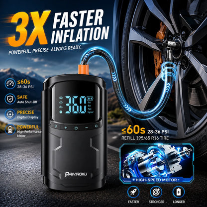 A black portable tire inflator with a digital display showing 36.0 PSI, connected to a blue illustrated hose over a car wheel.