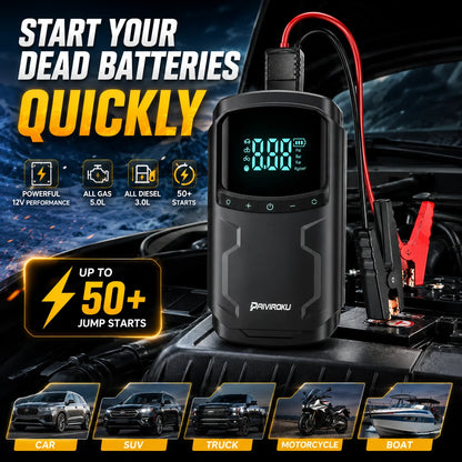 A digital jump starter battery tester device with a black body, red and black cables, and a blue LCD display, shown plugged into a car engine bay with red and black clamps attached. The image includes promotional text, feature icons, and vehicle type illustrations at the bottom.