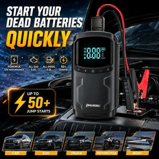 A digital jump starter battery tester device with a black body, red and black cables, and a blue LCD display, shown plugged into a car engine bay with red and black clamps attached. The image includes promotional text, feature icons, and vehicle type illustrations at the bottom.