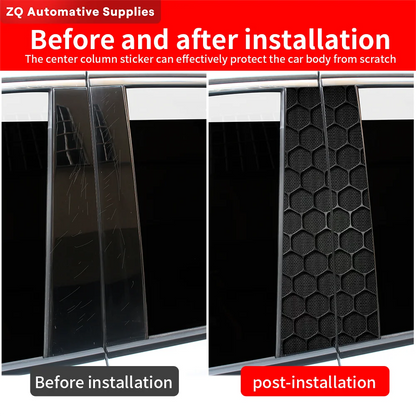 Before and after installation of a car center column sticker with ZQ Automotive Supplies branding.