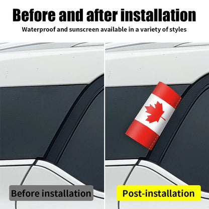 Before and after installation of a car window film with a Canadian flag design.