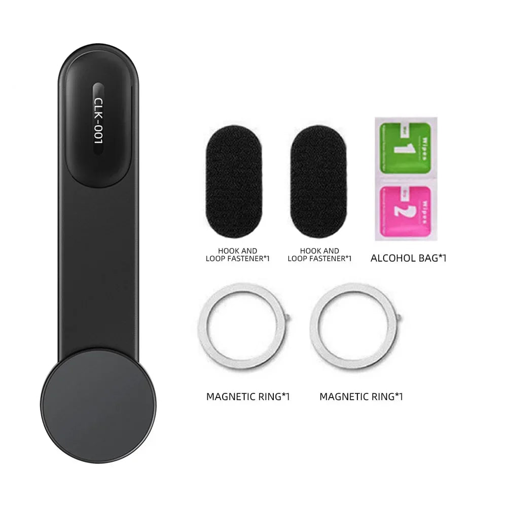 Black adhesive strip with hook and loop fasteners, alcohol bag, and magnetic rings 