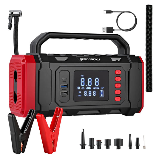 Black and red portable jump starter with a digital display screen, carrying handle, built-in air pump, USB charging ports, and included accessories including jumper clamps, hose, cable, and nozzles on a white background.