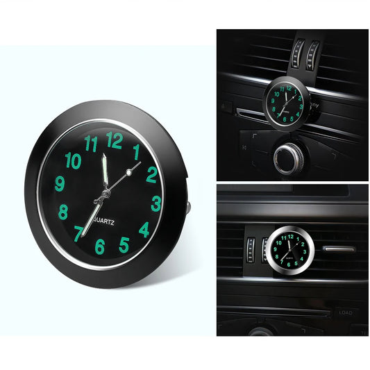 Black clock with green numbers and additional views of the clock in a car.