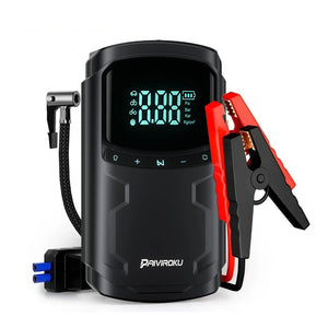Black jump starter with digital display and clamps on a white background