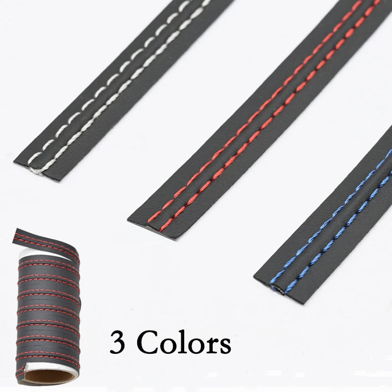 Black leather strips with red and blue stitching, displayed with a spool of thread.