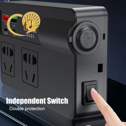 Black power adapter with independent switch and voltage display, featuring a hand pressing the switch.