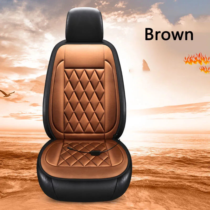 Brown car seat cover with heating pad