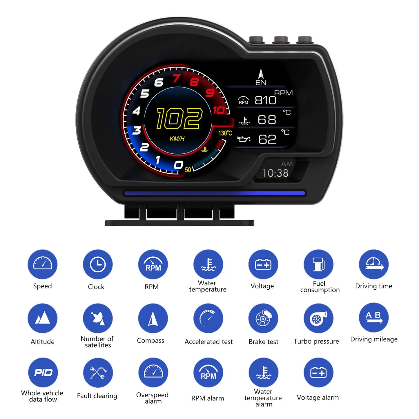 Car dashboard display with various indicators and icons on a white background