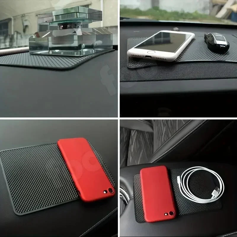 Car dashboard mat with phone, cable, and car key on a black surface