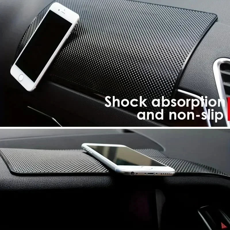 Car dashboard mat with smartphone on top, 'Shock absorption and non-slip'.