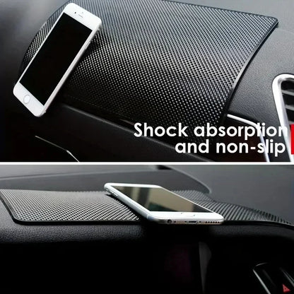 Car dashboard mat with smartphone on top, 'Shock absorption and non-slip'.