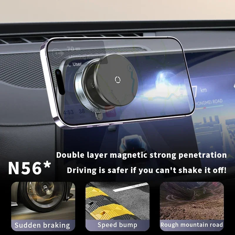 Car dashboard with a magnetic phone holder and text highlighting its features