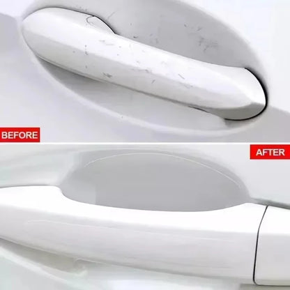 Car door handle before and after cleaning or polishing on a white background