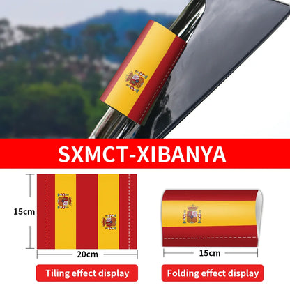 Car flag with Spanish flag design, showing tiling and folding effects, with dimensions displayed.