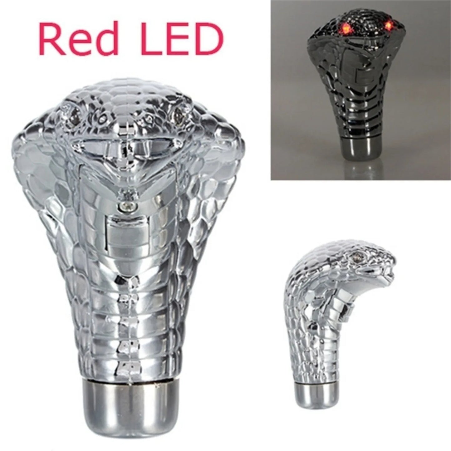 Car gear shift knob with red LED indicator and close-up inset.