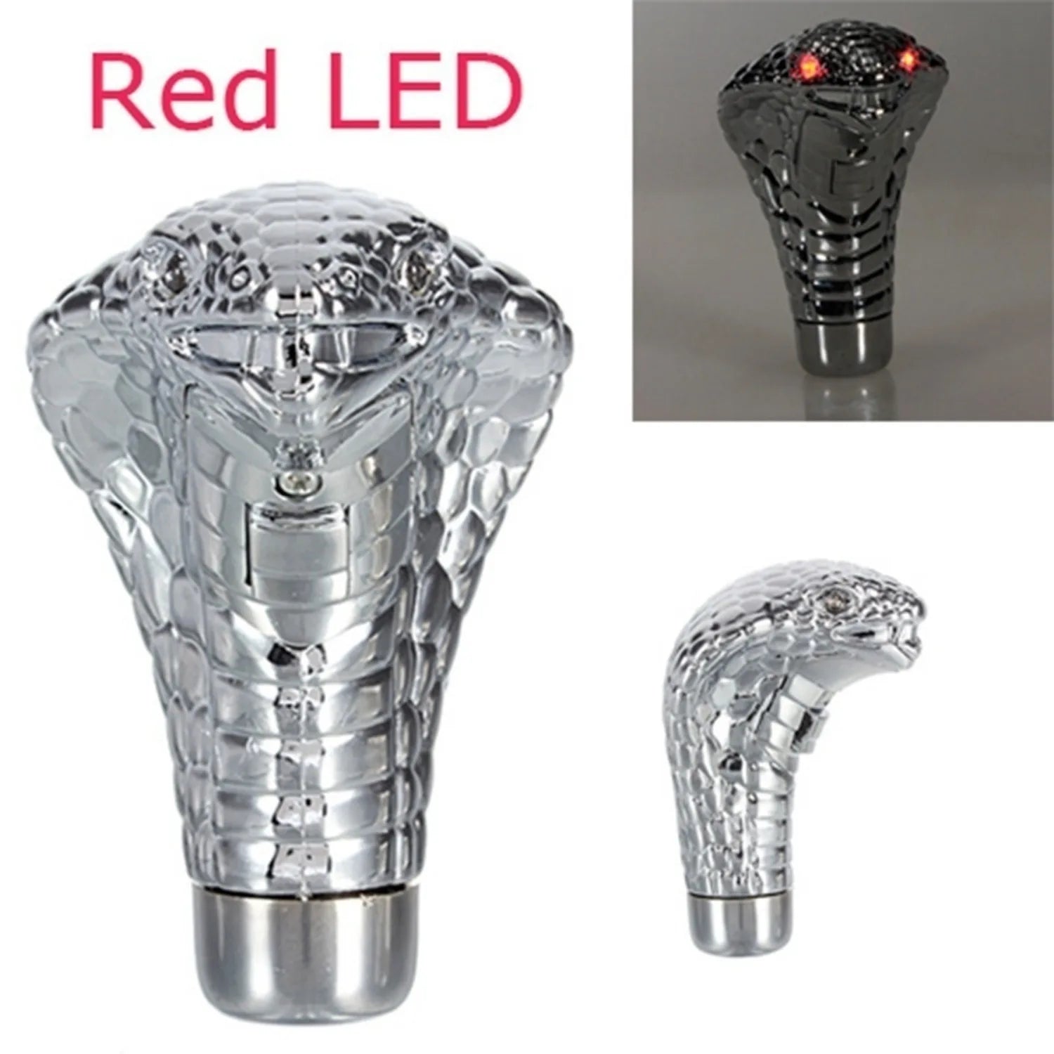 Car gear shift knob with red LED indicator and close-up inset.