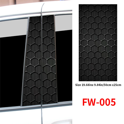 Car grille with honeycomb pattern and size details on a white background