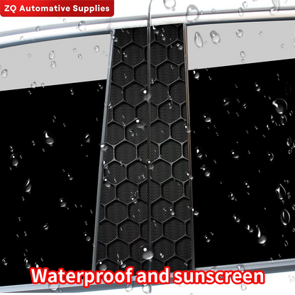 Car grille with honeycomb pattern on a black background, featuring water droplets. ZQ Automotive Supplies branding is visible.