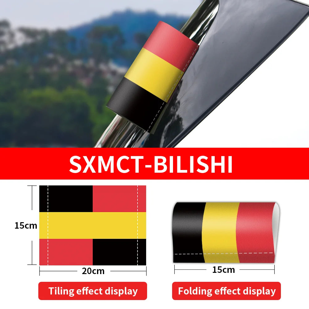 Car handle cover with Belgium flag design and measurement details on a blurred background